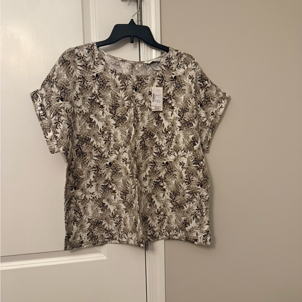 Christopher & Banks Beige and Brown Leaf-Print Short Sleeve Top